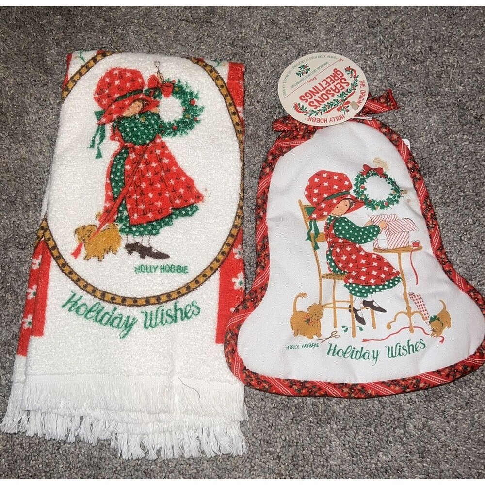 VTG Christmas Holly Hobbie Holiday Wishes Pot Holder Towel American Greetings